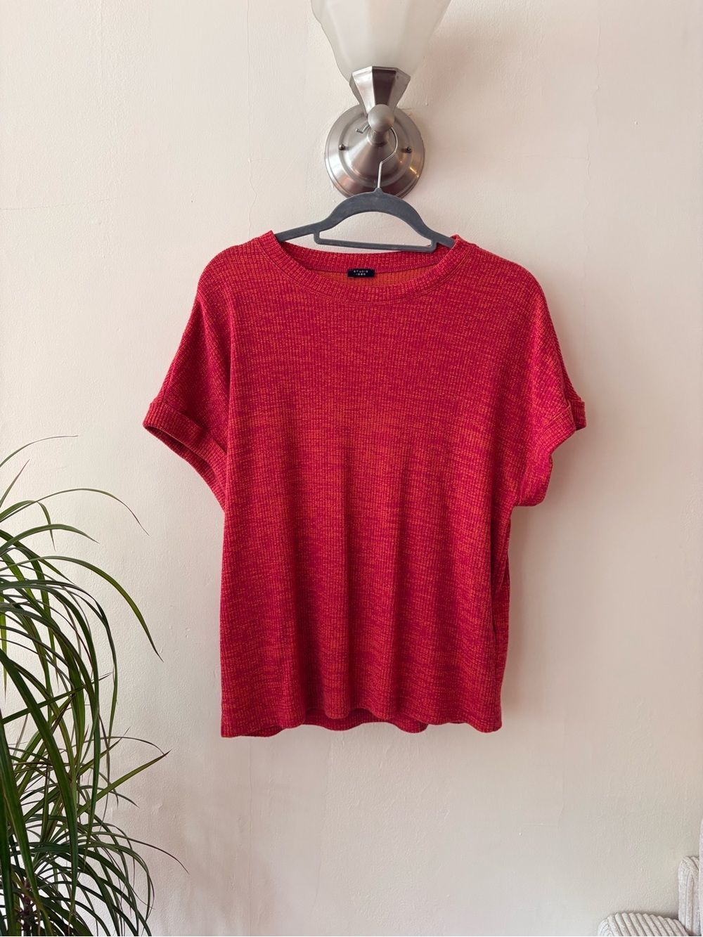 Studio 1886 Red Oversized Knit Top Size Small Short Sleeve Crewneck Sweater Top